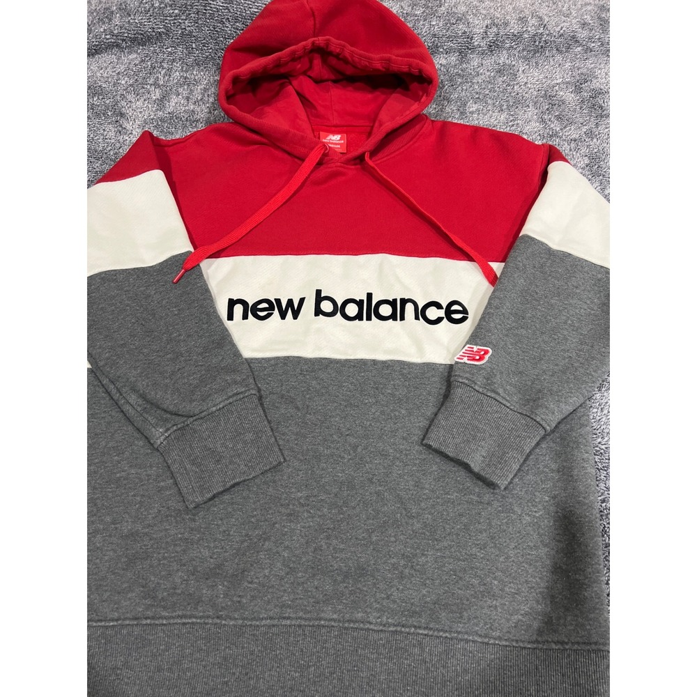New Balance Mens Colorblock Hoodie Red White Grey Logo Pullover Medium